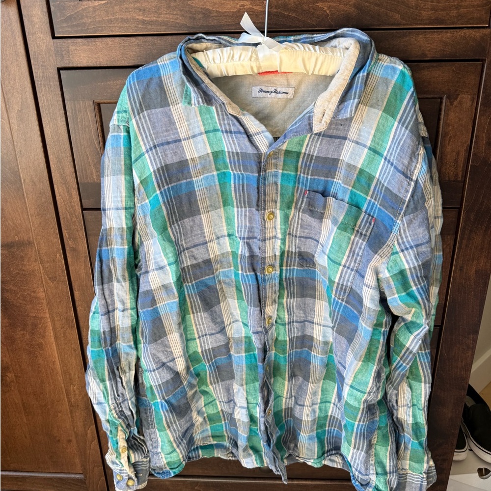 Tommy Bahama Blue and Green Plaid Linen Shirt